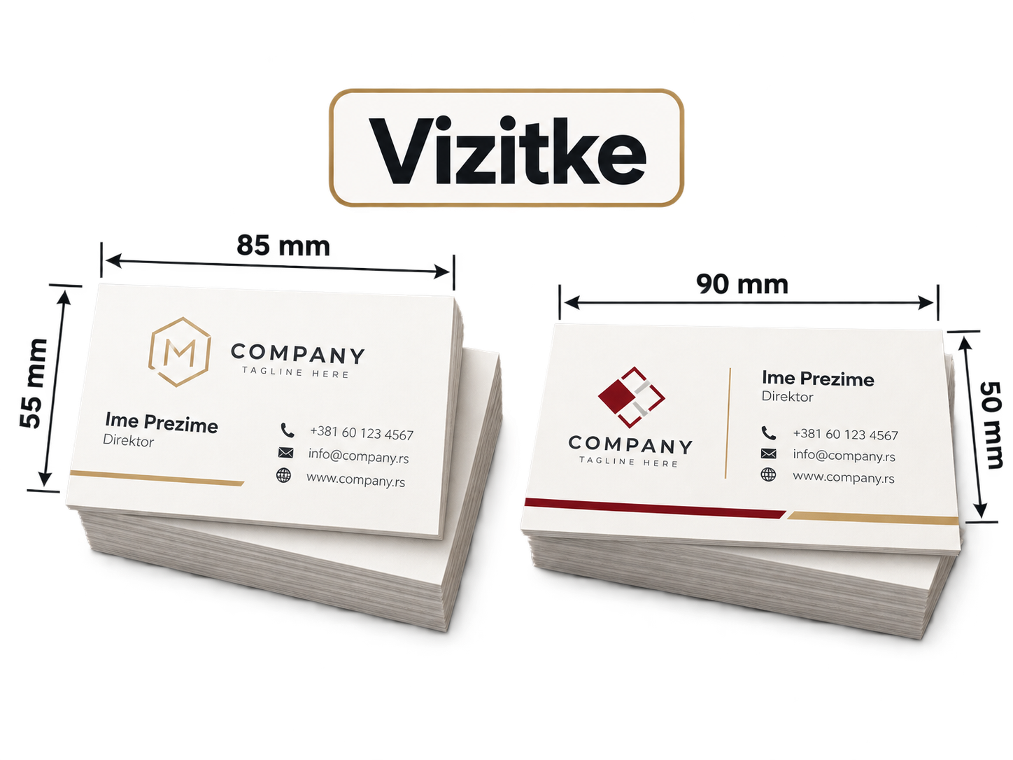 Prikaz vizitki u formatima 85 × 55 mm i 90 × 50 mm